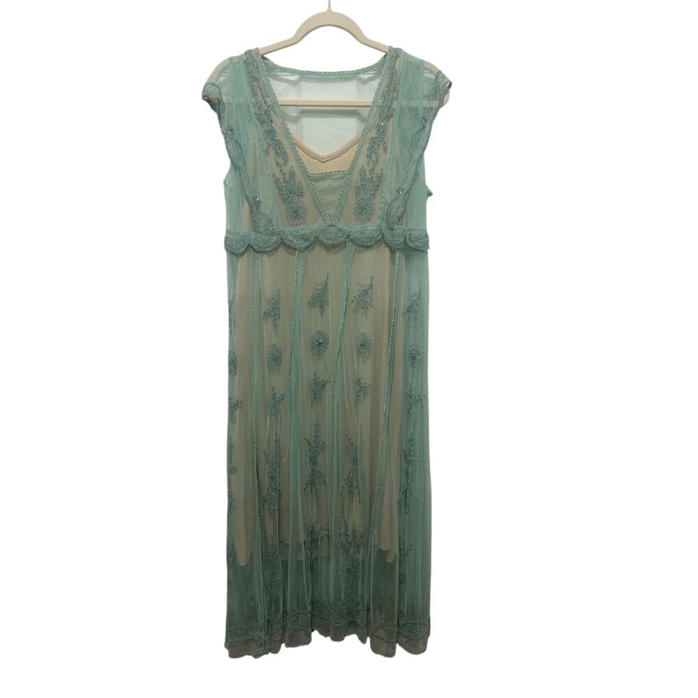 Regency Sheer Mesh Mint Boho Embroidered Beading Gown with Liner Midi Dress XLT